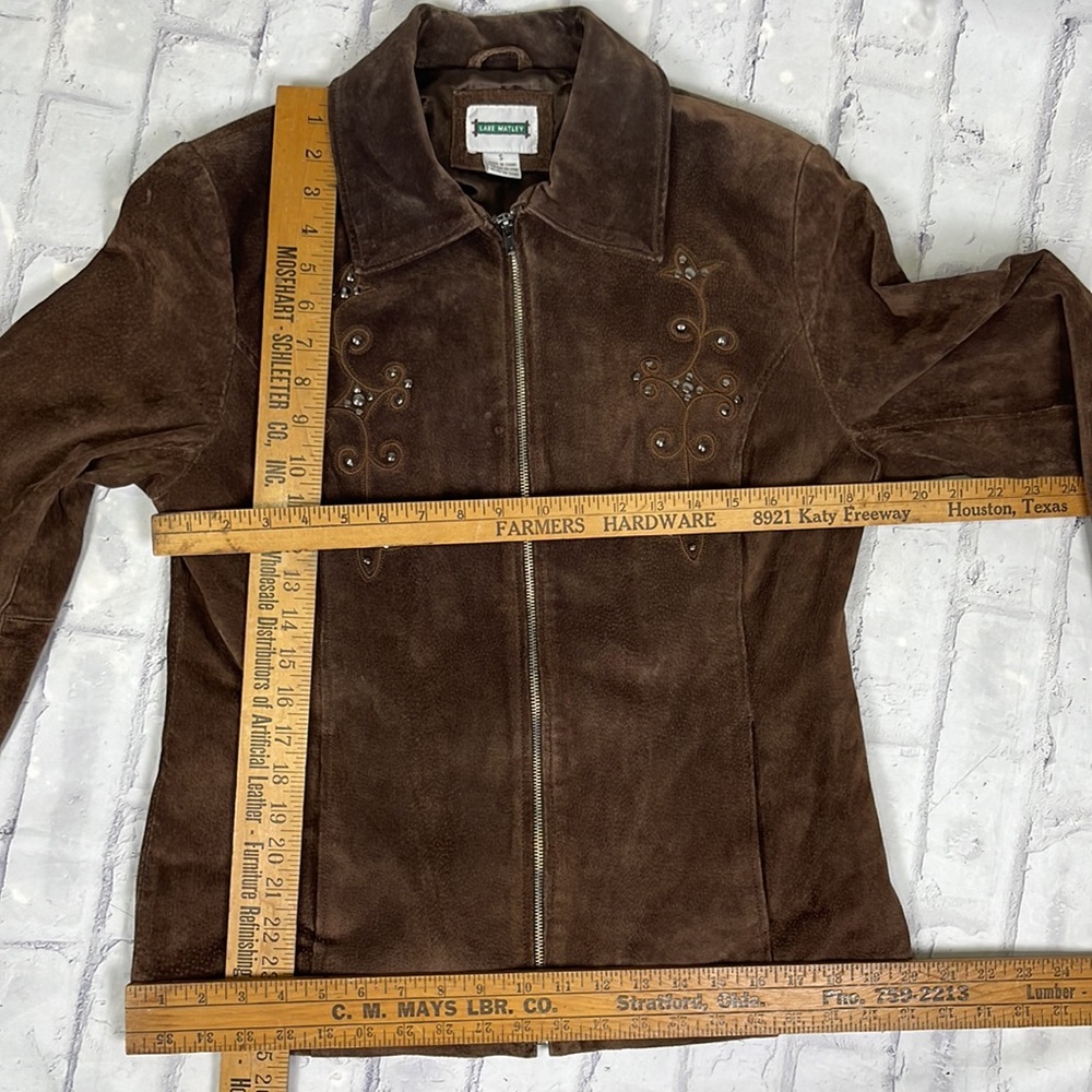 Lake Matley Suede Jacket Pockets Brown Full Zip Front Studded Embroidered Design - Picture 12 of 12